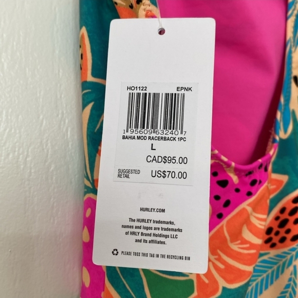 Hurley Bahia Electric Racerback in Electric Pink One Piece Swimsuit - L - NWT - Picture 2 of 4